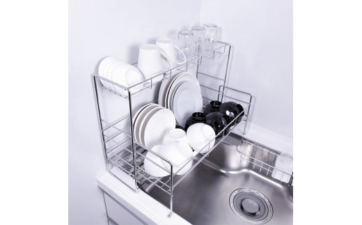 [燕三条水切り直販店]スライド水切りラック ステンレス ２段タイプ 水切りかご 流れるトレー付き【030S037】