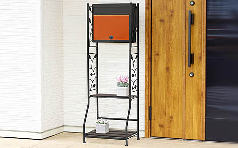 [グリーンライフ] 鍵付郵便ポスト＆人工木スタンド マットブラックオレンジ【039P004】