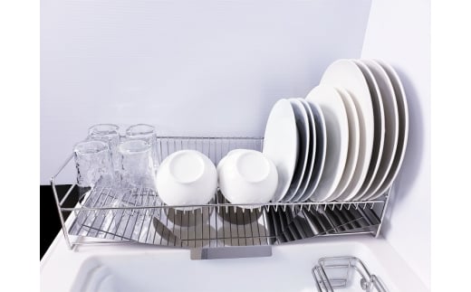 [燕三条水切り直販店] スリム 水切りラック ステンレス 57cmタイプ 水切りかご トレー付き 燕三条製【020S004】