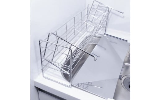 [燕三条水切り直販店]スライド水切りラック ステンレス １段タイプ 水切りかご 流れるトレー付き【027S015】