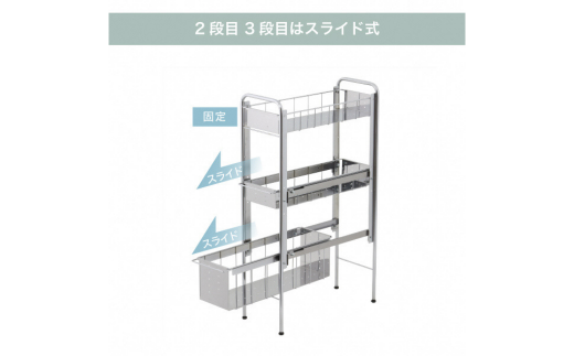ランドリーサイドラック3段幅21cm ランドリー 洗濯機 横ラック 収納 隙間収納 すき間収納 ランドリー収納 ランドリーラック 洗面所収納 ステンレス スリム スライド 段差 燕三条製 [川口工器] 【039S009】