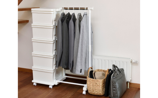 シーズユニット5段 パイプハンガーラック付 WHホワイト 収納チェスト 幅83.5 奥行42 高さ106.2 引き出し シンプル 衣替え 新生活 リビングチェスト キャスター付き スリム ラック プラスチック 収納チェスト キャスター スリムチェスト 一人暮らし [JEJアステージ] 【019S067】