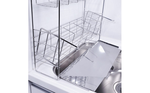 [燕三条水切り直販店]スライド水切りラック ステンレス ２段タイプ 水切りかご 流れるトレー付き【030S037】