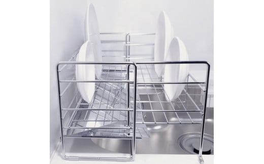 [燕三条水切り直販店]スライド水切りラック ステンレス １段タイプ 水切りかご 流れるトレー付き【027S015】