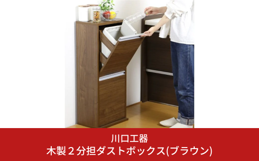 木製2分別ダストボックス（ブラウン）ゴミ箱 おしゃれ インテリア 完成品 燕三条製 [川口工器]【069S003】