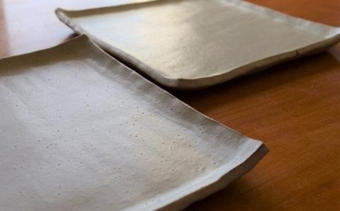 明城焼 恒炎窯 白釉角皿 2枚セット