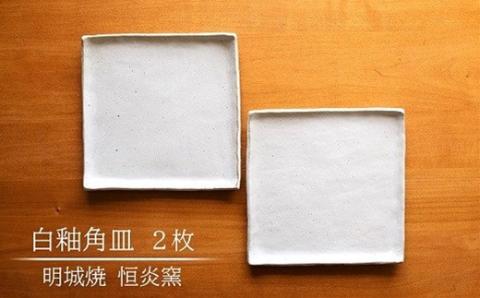 明城焼 恒炎窯 白釉角皿 2枚セット