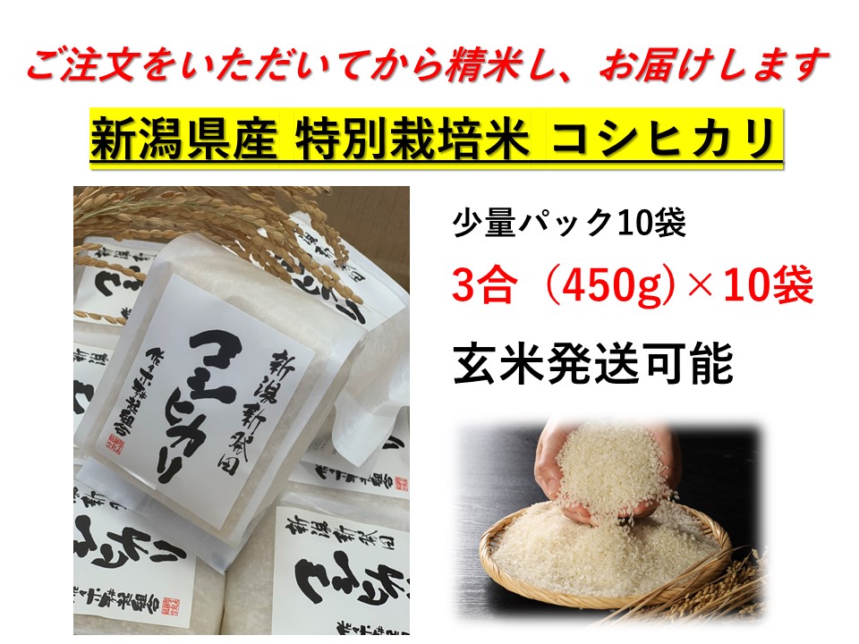 令和5年産 特別栽培米コシヒカリ 3合×10個　【 新潟県産 新発田市産 コシヒカリ 米 特別栽培米 3合 10個 450g セット D48 】