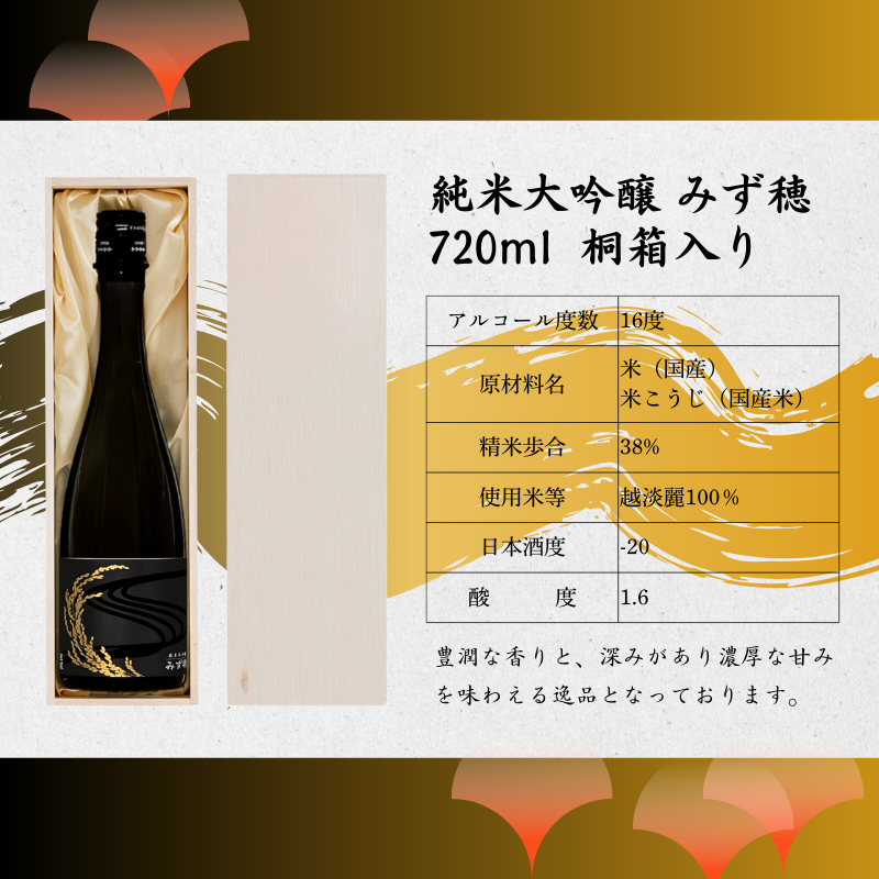 王紋酒造 純米大吟醸 みず穂 720ml 桐箱入り ｜ 王紋 日本酒  純米 大吟醸 酒 お酒 地酒 食中酒 ペアリング ギフト プレゼント 父の日 お歳暮 お中元 年末年始 新潟県 新発田市 aumont007