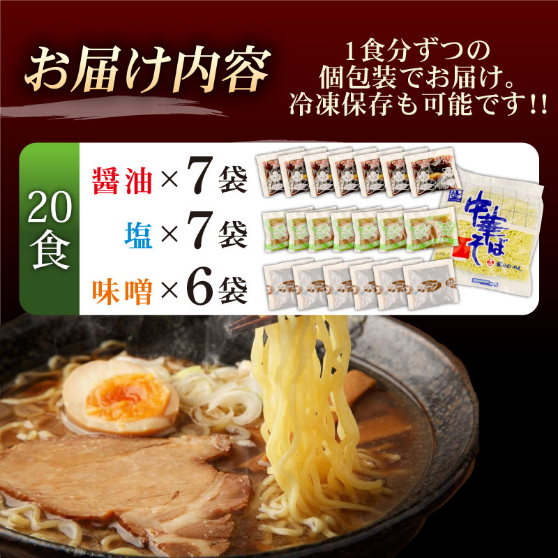 中華そば 20袋 スープ3種付 味噌 塩 醤油 ラーメン 過多水熟成麺 高加水麺 中華麺 自家製麺 コシが強い モチモチ食感 打倒 コシヒカリ 食品 簡単調理 冷凍 古山製麺所 新潟県 新発田市 furuyama004