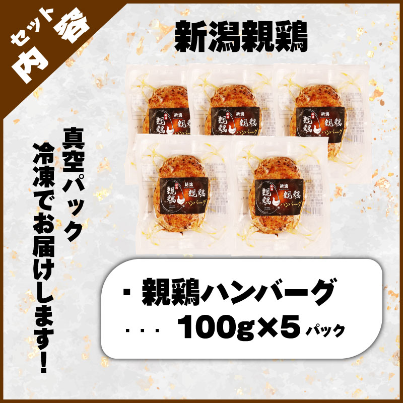 親鶏 ハンバーグ 5個 500g 100g × 5 パック 鶏肉 鶏 チキン タンパク つくね 肉 とり 精肉 ブランド鶏 おかず おつまみ 冷凍 小分け 簡単調理 郷土食 新潟親鶏 マルコ岩村 新潟県 新発田市 maruco003