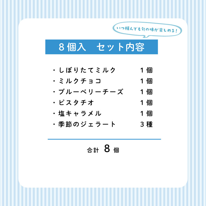 ジェラート  定期便 8個入 2回 ミルク チョコ ブルーベリー チーズ ピスタチオ 塩 キャラメル 塩キャラメル アイス ジェラート セット 季節 限定 季節限定 てづくり なちゅらるじぇらーと なかの牧場 8個 nakano007