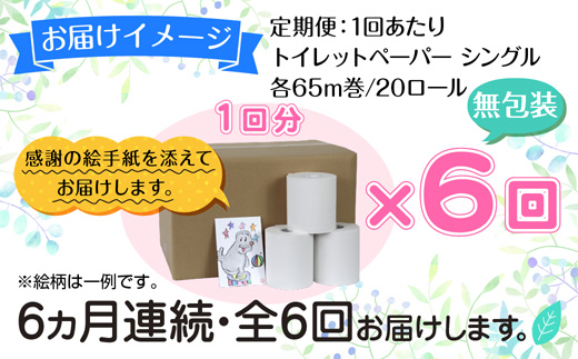 6ヵ月連続6回 定期便 トイレットペーパー シングル 65m 20ロール 無包装 香りなし 日本製 日用品 備蓄 リサイクル 無地 NPO法人支援センターあんしん 新潟県 十日町市