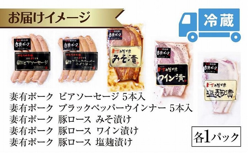 妻有ポーク バラエティセット 各1個 計500g ビアソーセージ ブラックペッパー 豚ロース みそ漬け ワイン漬け 塩麹漬け ウインナー 豚 ロース つまりポーク 豚肉 お取り寄せ 新潟県 十日町市