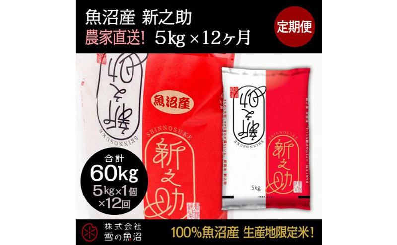 【令和7年産】定期便！魚沼産 新之助【合計60kg】5kg×12回 お米 米 こめ コメ