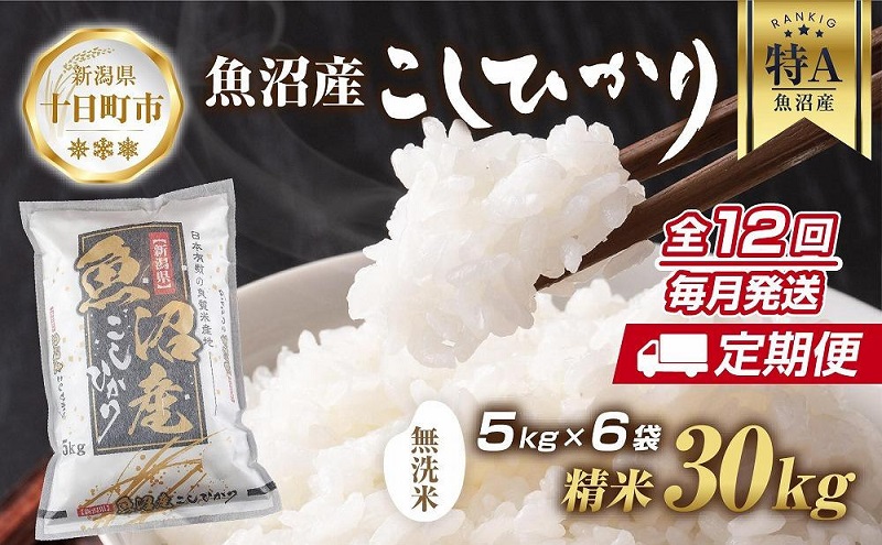 定期便】｜無洗米｜ 新潟県 魚沼産 コシヒカリ お米 30kg×計12回 精米済み 年間 毎月発送 こしひかり（お米の美味しい炊き方ガイド付き）:  十日町市ANAのふるさと納税