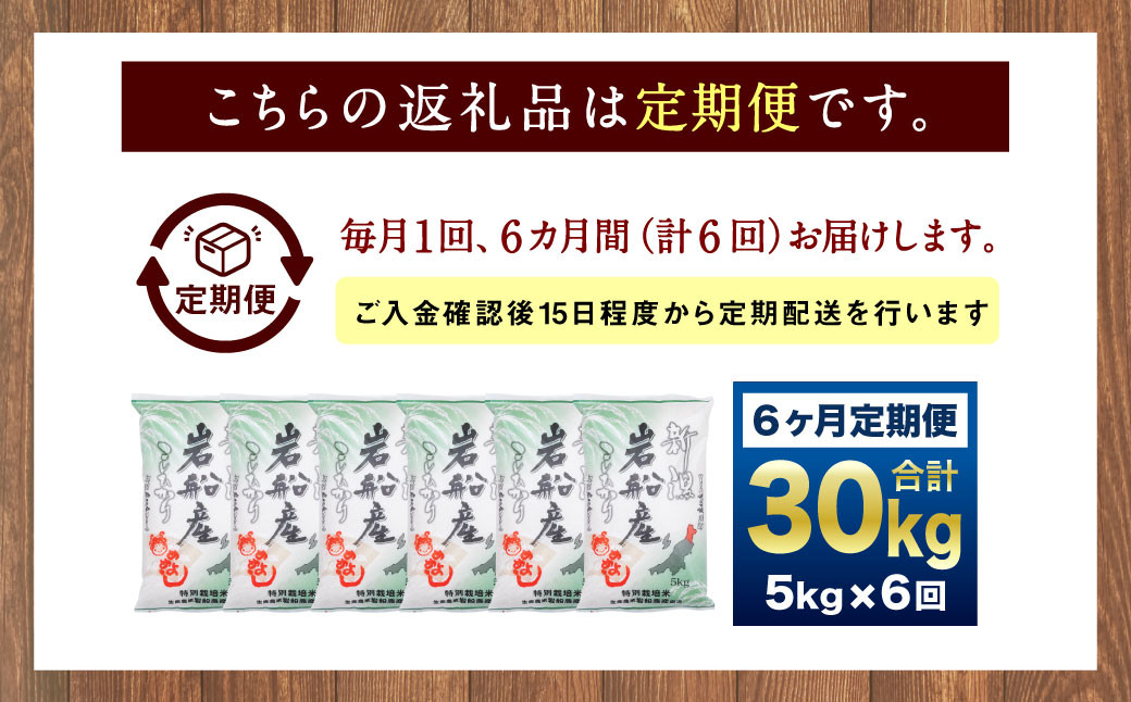 【令和7年産米】特別栽培米 新潟県岩船産 コシヒカリ 30kg（5kg×6ヶ月コース） 定期便 毎月 お米 白米 こしひかり 精米 村上市 1013012