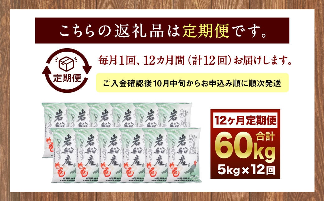 【新米受付・令和8年産米】新潟県村上市岩船産　特別栽培米コシヒカリ60kg（5kg×12ヶ月コース）1013013N　定期便 毎月 新米予約 お米 白米 こしひかり 精米 村上市