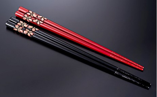 村上木彫堆朱　桜色分　夫婦箸　C4033
