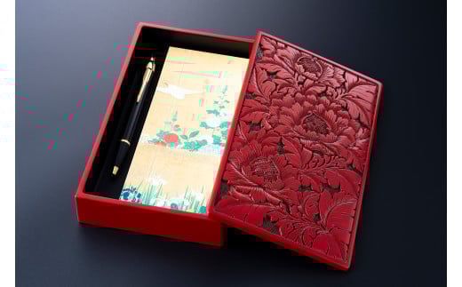 F4027 村上木彫堆朱　小箱　牡丹唐草地紋引下彫