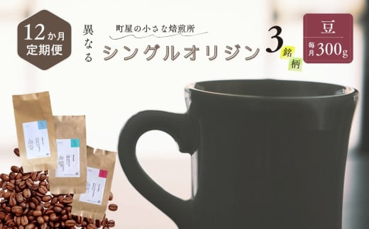 【12ヶ月定期便】シングルオリジンコーヒー 100g × 3品種（豆）