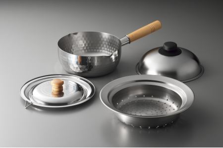 7041406 ステンレス雪平鍋18cm & 雪平鍋兼用蓋 & お鍋に乗せて簡単蒸しプレート小 (ドーム型)