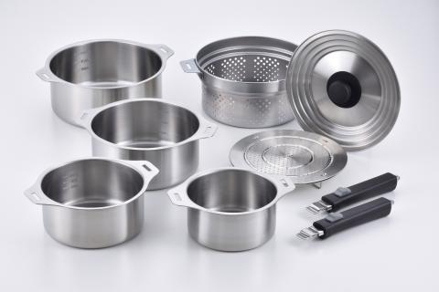 EM-033 燕三 IH対応ハンドル着脱式鍋4点セット(蒸し台・中かご付)