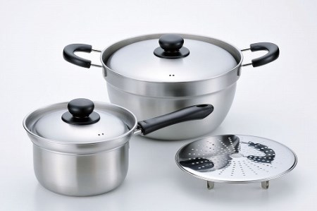 EM-011 燕三 IH対応 ふきこぼれにくい両手鍋23cm & 片手鍋16cm (目皿付)