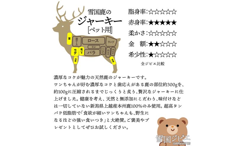 （ペット用）【雪国ジビエ】雪国シカ ペット用ジャーキー 100g  肉 シカ 鹿 鹿肉 新潟 新潟県産