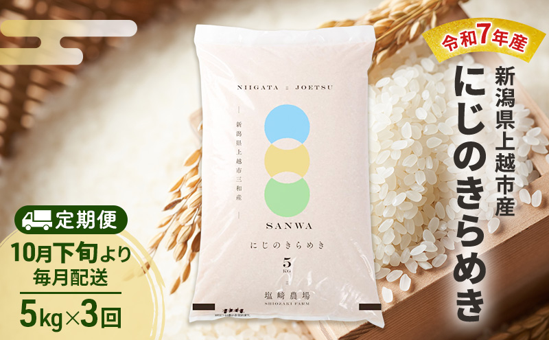 【（定期便|毎月配送｜計3回））10月下旬より順次出荷】令和7年産 新潟県 上越市産 にじのきらめき 5kg 白米×3回　定期便