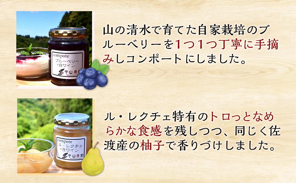 佐渡ヶ島産　ブルーベリーと白ワインのコンポート・ル・レクチェと白ワインのコンポート（2種各3個セット）