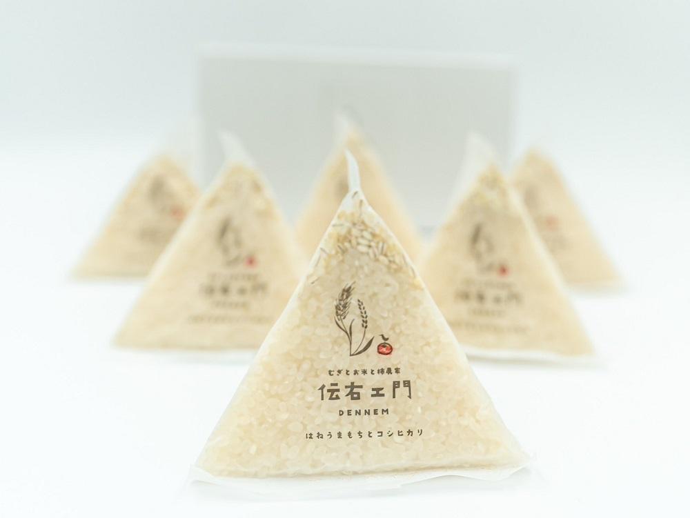 健康な笑顔 　はねうまもち30ｇと 伝右ェ門コシヒカリ120ｇ（150ｇ のテトラ型袋×6）