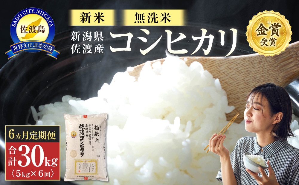 【令和7年産】無洗米5kg 新潟県佐渡産コシヒカリ5kg×6回「6カ月定期便」