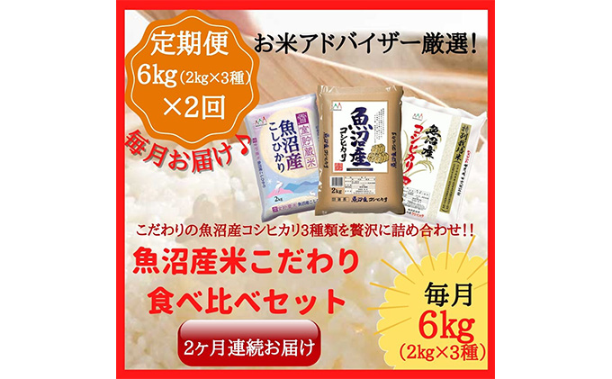 魚沼産米！ こだわりの食べ比べ セット 6kg 2ヶ月 連続お届け （ 米 定期 こしひかり 食べ比べ お米アドバイザー 白米 魚沼産コシヒカリ 魚沼 2回 お楽しみ ）