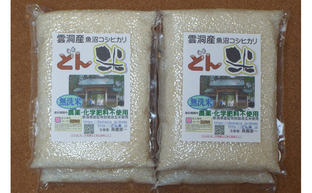 【頒布会】南魚沼産「どん米」無洗米真空パック4.8kg×１０ヶ月　ちょっと！うるさいよ！炊き方
