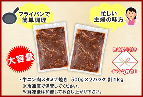 無地熨斗 新潟県 南魚沼市 牛ニン肉スタミナ焼き 500g × 2パック 計1kg 野崎フーズ 冷凍 惣菜 簡単 調理 牛肉 にんにく おかず 味付き