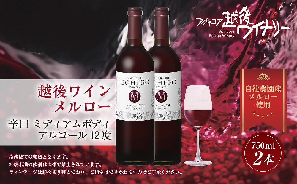 越後ワイン メルロー 赤 750ml 2本セット アグリコア  越後ワイナリー  南魚沼市産メルロー使用 辛口 ミディアムボディ 度数12% 国産ワイン 魚沼ワイン わいん 送料無料 新潟県 南魚沼市