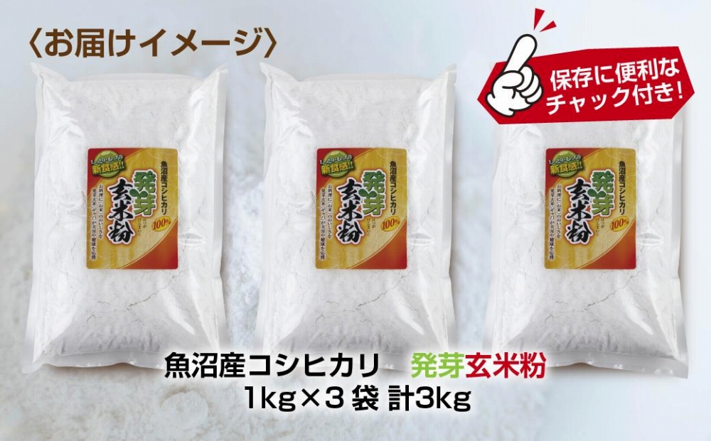 魚沼産 コシヒカリ 発芽玄米粉 1kg×3袋 計3kg 玄米  グルテンフリー 小麦不使用 アレルギー GABA お取り寄せ 菓子 パン ケーキ ギフト 送料無料 コパフーズ 新潟県 南魚沼市