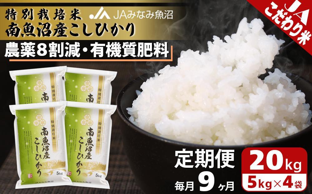 【JAみなみ魚沼定期便】特別栽培米南魚沼産こしひかり8割減（20kg×全9回）精米 農薬8割削減 有機肥料 精米HACCP認定工場 特A獲得日本一産地 高品質精米 もっちり甘い 南魚沼産コシヒカリ