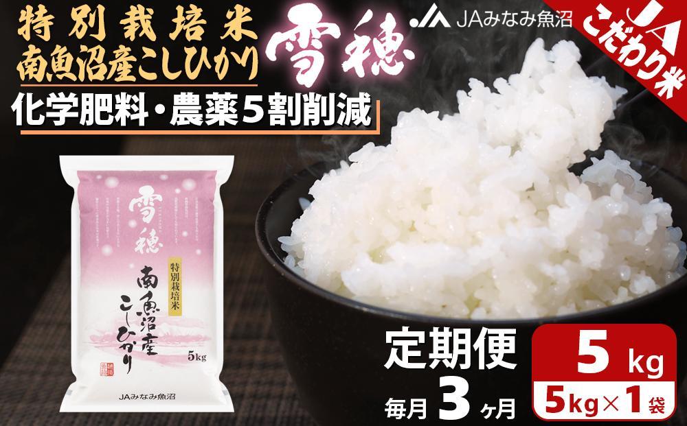 【JAみなみ魚沼定期便】特別栽培米南魚沼産こしひかり「雪穂」（5kg×全3回）精米 農薬5割削減 精米HACCP認定工場 特A獲得日本一産地 高品質精米 もっちり甘い 南魚沼産コシヒカリ
