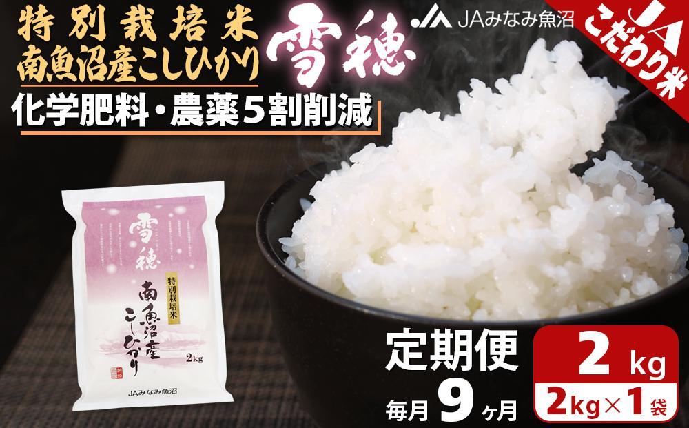 【JAみなみ魚沼定期便】特別栽培米南魚沼産こしひかり「雪穂」（2kg×全9回）精米 農薬5割削減 精米HACCP認定工場 特A獲得日本一産地 高品質精米 もっちり甘い 南魚沼産コシヒカリ