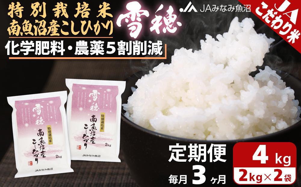 【JAみなみ魚沼定期便】特別栽培米南魚沼産こしひかり「雪穂」（2kg×2袋×全3回）精米 農薬5割削減 精米HACCP認定工場 特A獲得日本一産地 高品質精米 もっちり甘い 南魚沼産コシヒカリ