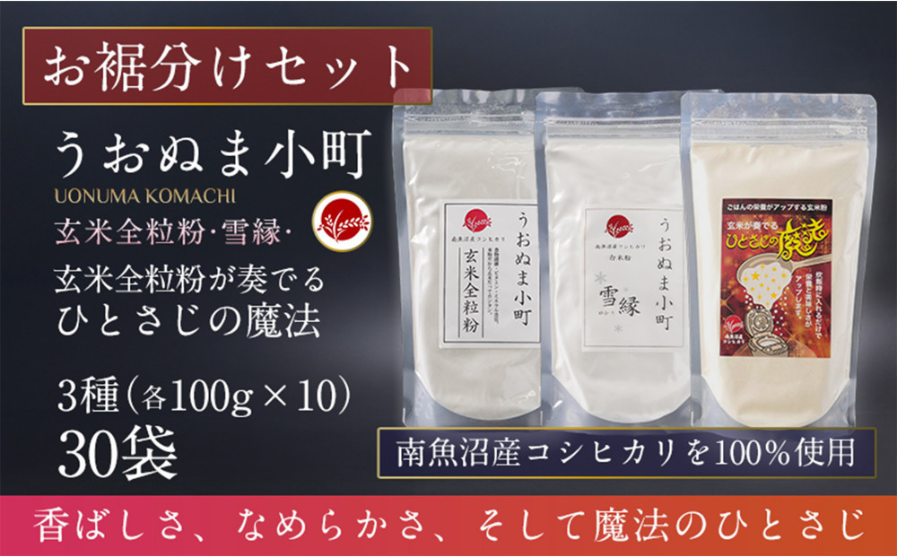 米粉の最高峰　品質・高性能米粉3種　お裾分けセット　うおぬま町・うおぬま小町 雪縁（ゆかり）・玄米が奏でるひとさじの魔法 各100g 10セット