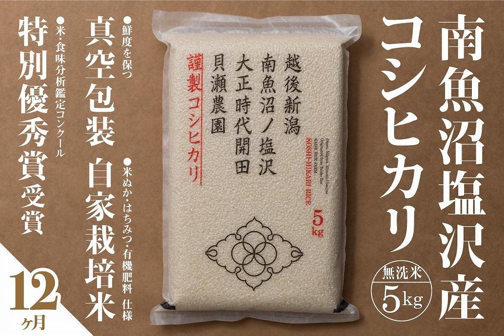 【定期便】「貝瀬農園米」農薬5割減栽培　南魚沼塩沢産コシヒカリ　無洗米5kg×全12回