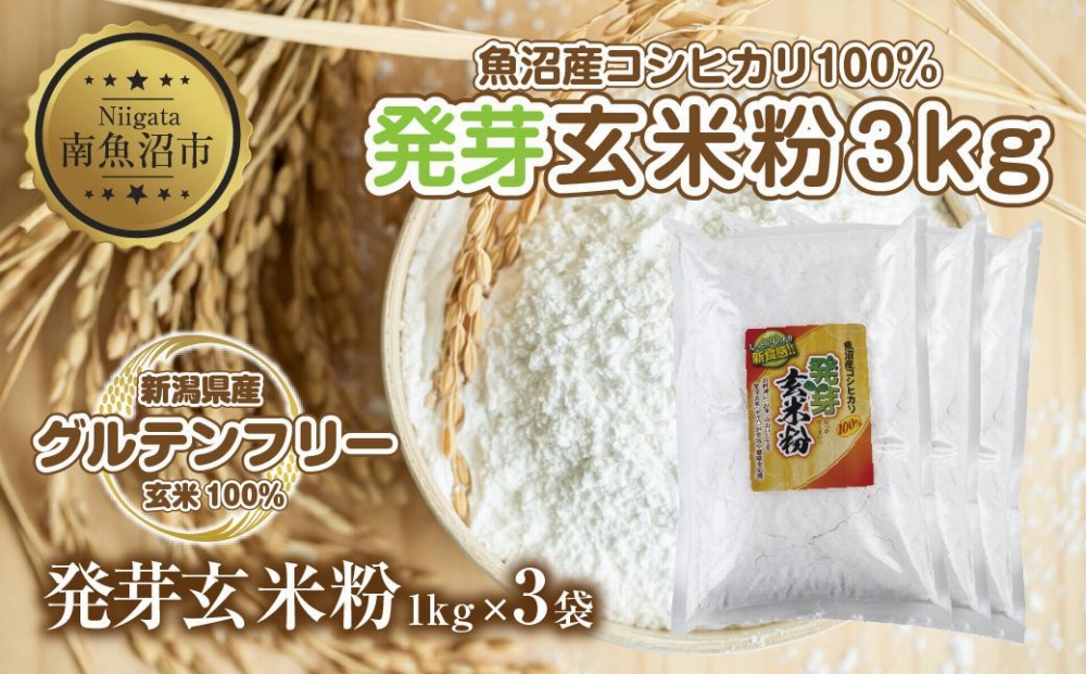 魚沼産 コシヒカリ 発芽玄米粉 1kg×3袋 計3kg 玄米  グルテンフリー 小麦不使用 アレルギー GABA お取り寄せ 菓子 パン ケーキ ギフト 送料無料 コパフーズ 新潟県 南魚沼市