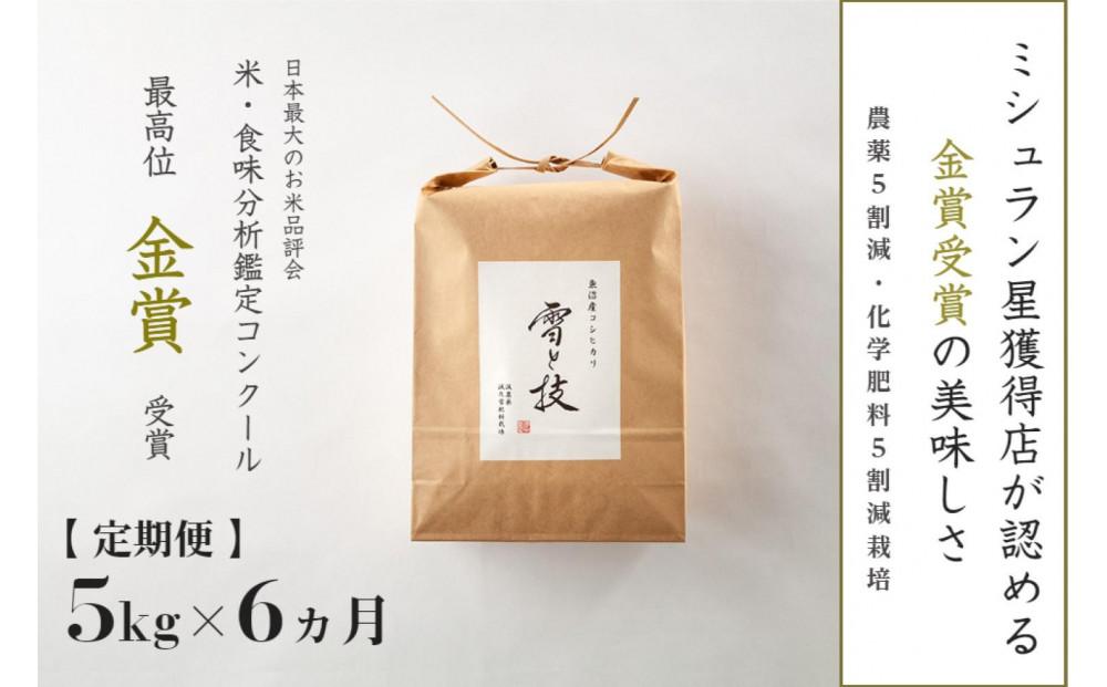 【 令和7年産 新米 予約 】 定期便 5kg ×6ヶ月 金賞受賞 魚沼産コシヒカリ 雪と技 農薬5割減・化学肥料5割減栽培　藤ノ木株式会社127540-024