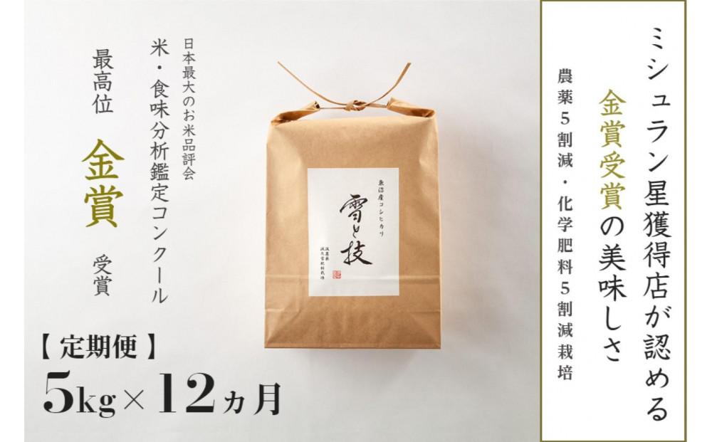 【 令和7年産 】 定期便 5kg ×12ヶ月 金賞受賞 魚沼産コシヒカリ 雪と技 農薬5割減・化学肥料5割減栽培 藤ノ木株式会社127540-026