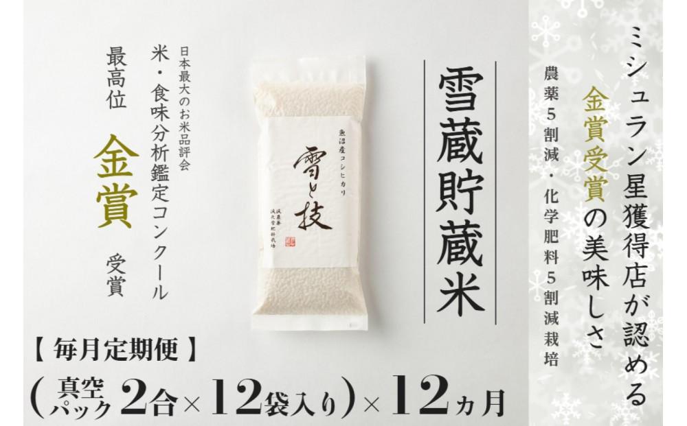 【 令和7年産 】 定期便 〔 真空パック 2合 ×12袋〕×12ヶ月 雪蔵貯蔵米 金賞受賞 魚沼産コシヒカリ 雪と技 農薬5割減・化学肥料5割減栽培 藤ノ木株式会社127540-101