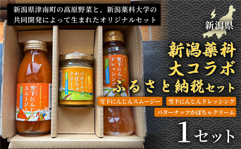 [野菜の栄養まるごとセット]新潟薬科大コラボ-ふるさと納税セット- 雪下にんじんスムージー1本 雪下にんじんドレッシング1本 バターナッツかぼちゃクリーム1瓶 1セット新潟県 津南町
