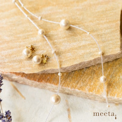 淡水パールとコットンパールのビーズ・ケプラーネックレスセット(白銀・チタンピアス)【配送不可地域：沖縄県】